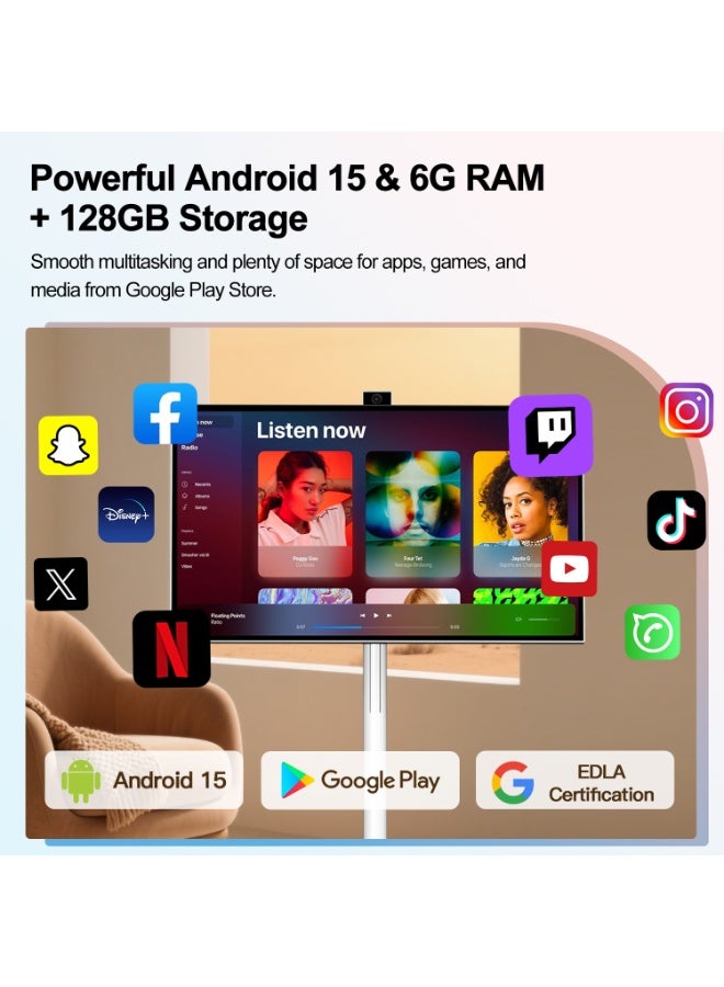 VLH 27 Inch Rolling Smart TV with 1080P Touch Screen, Android 15 OS, MTK 8-core CPU, 6G+128G Storage, 8MP Camera, 4-6H Battery, Rotatable Display for Home/Office/Outdoor, Arabic & Google Play - Image 3